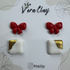 Yılbaşı Özel Mini Set Kurdele Ve Beyaz Parıltılı Kare Polimer Kil Küpe
