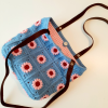 Elchandmade Tığ İşi Pembe Çiçek Motifli  Mavi Çanta Tote Bag