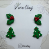 Yılbaşı Özel Mini Set Kokina Çiçeği Ve Süslü Çam Ağacı Polimer Kil Küpe