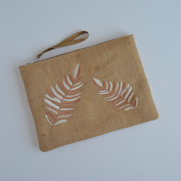 Yaprak Desenli Jüt Hasır Clutch Kahverengi Turuncu