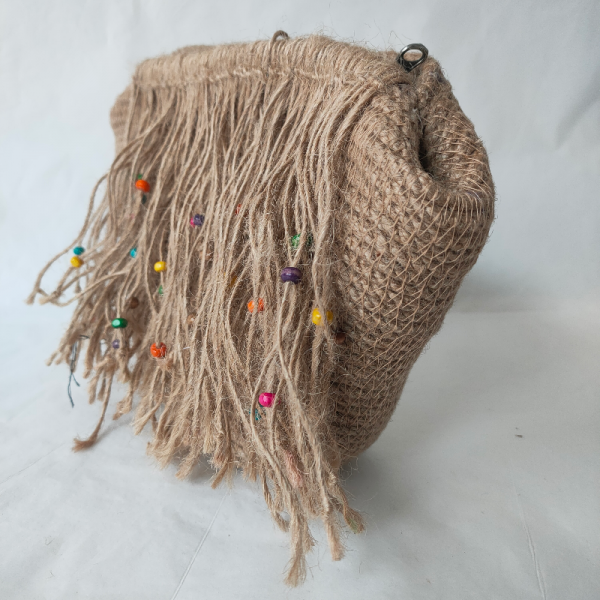 Hasır Ahşap Boncklu  Clutch El Çantası