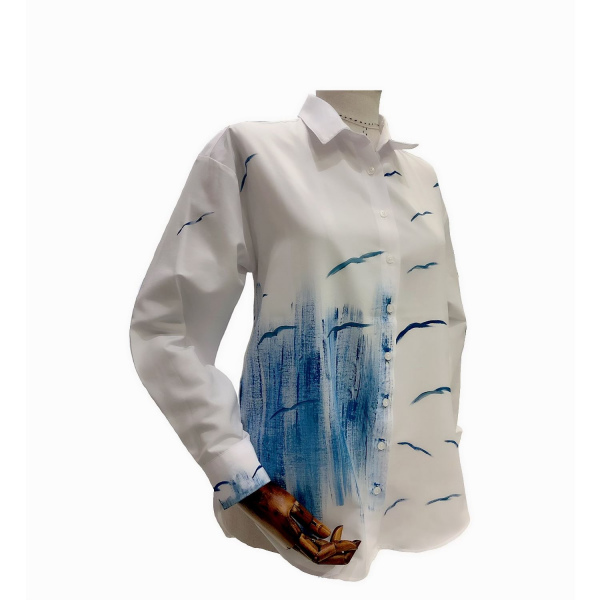 Uçan Kuşlar Desenli El Boyama Oversize Gömlek