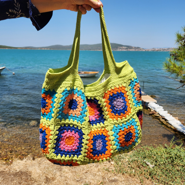 Örgü Çanta, Yazlık Omuz Çantası, Rengarenk Kare Motifli Çanta, Canlı Renkli Tığ İşi Çanta