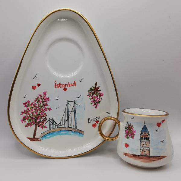 İstanbul Desenli, El Boyama, İsme Özel, Türk Kahvesi Fincanı 