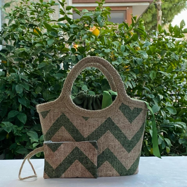Jüt Hasır Keseli Çanta Yeşil Zigzag