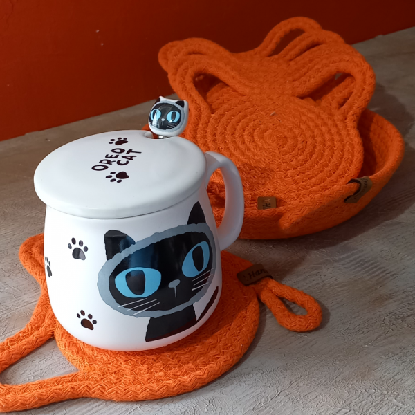 Kedi Detaylı Bardak Altlığı Ve Sepet Seti