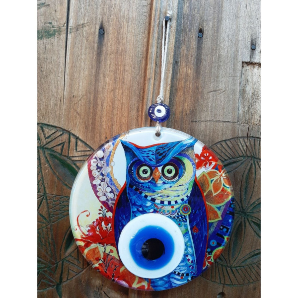16 cm. Füzyon Cam Baykuş Desenli Duvar Süsü Nazarlı