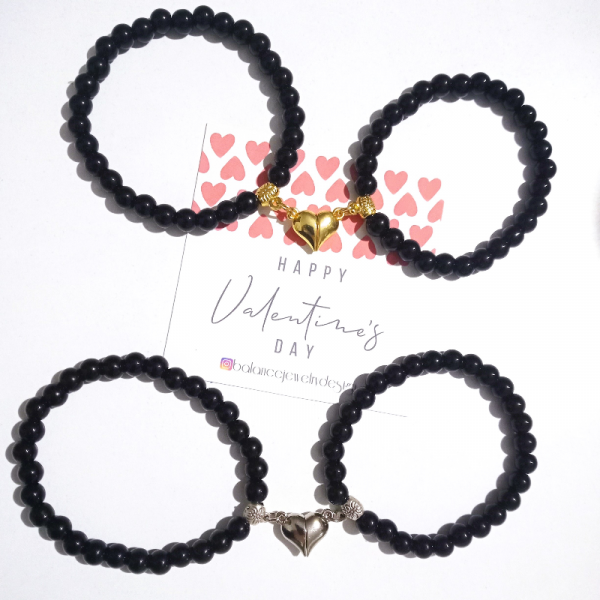 Mıknatıslı Kalp Sevgili Çift Bilekliği 6 Mm Oniks Doğal Taşlı- Altın Ve Gümüş Kaplama - Balance Jewelry