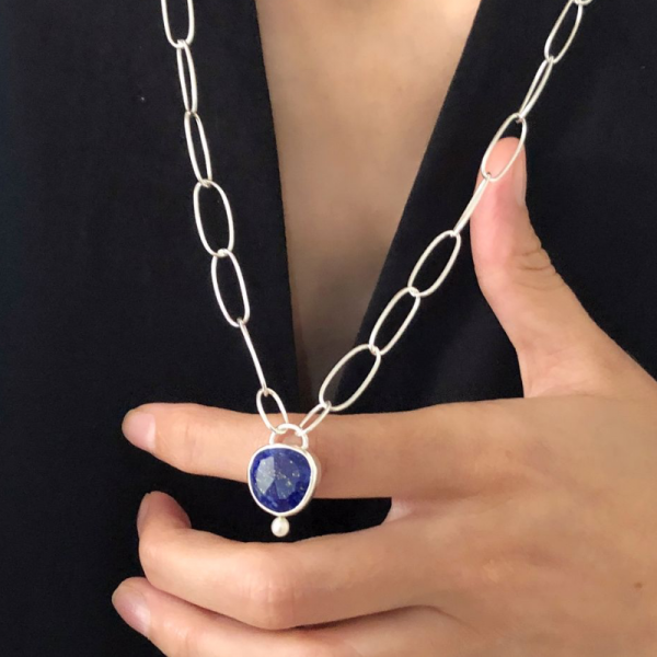  Doğal Lapis Lazuli Taşlı 925 Ayar Gümüş Zincir Kolye
