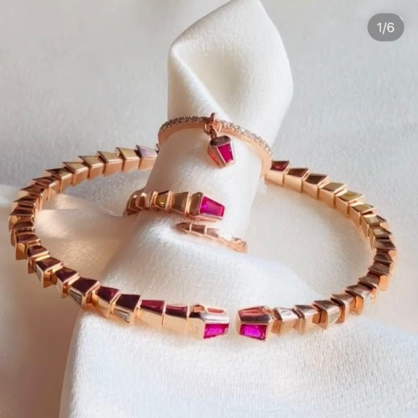 925 Ayar Gümüş Rose Renk Ruby Taşlı Yılan Bileklik