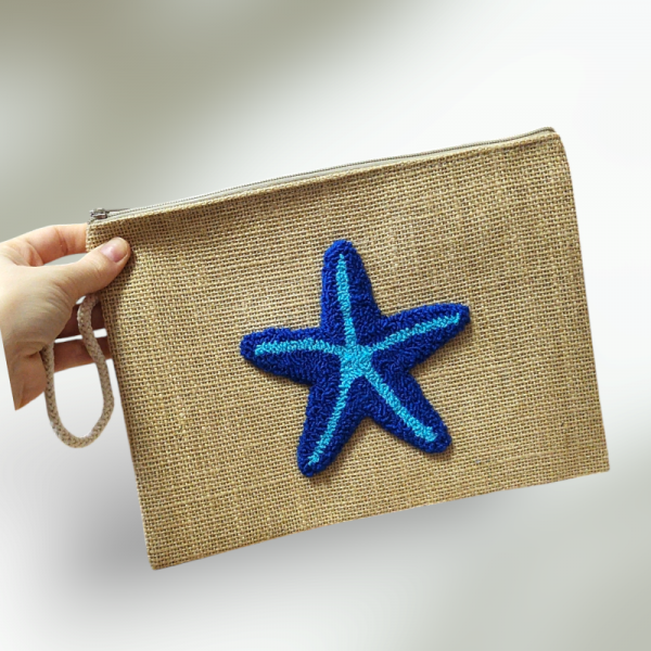 Denizyıldızı Desenli Punch İşlemeli Jüt(çuval) Kumaş Clutch