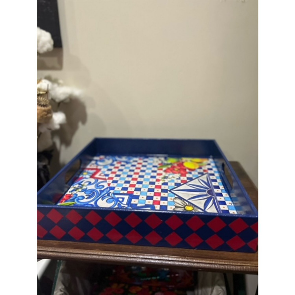 Ahşap Kare Renkli Tepsi