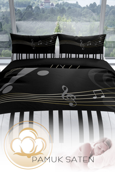 PerlaSera Piano 3D Pamuk Saten Çift Kişilik Nevresim Seti