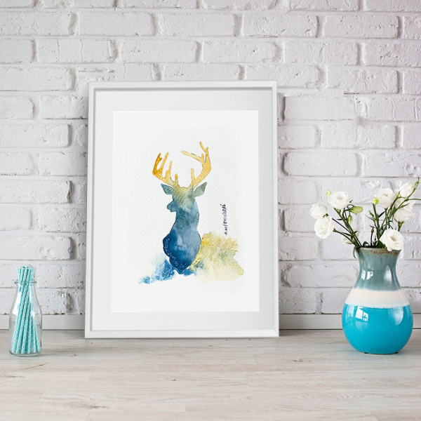 Wall Art Geyik Orjinal Suluboya Dijital Baskı Resim Ev Dekorasyonu