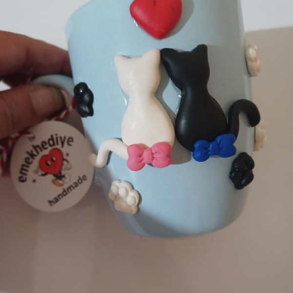 Polimer Kilden Elde Yıkamaya Uygun Kedi Temalı Kupa Bardak