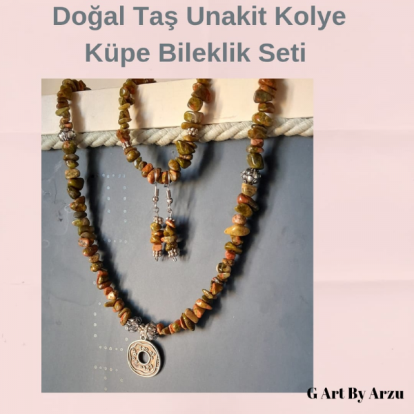 Doğaltaş Unakit Kolye Küpe Bileklik Seti