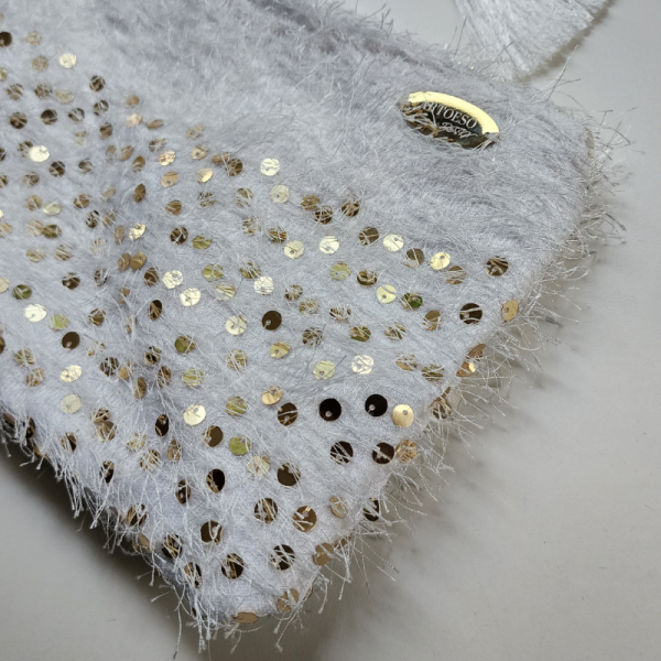 Golden Flakes - Beyaz Tüylü Ve Altın Payetli Clutch Çanta