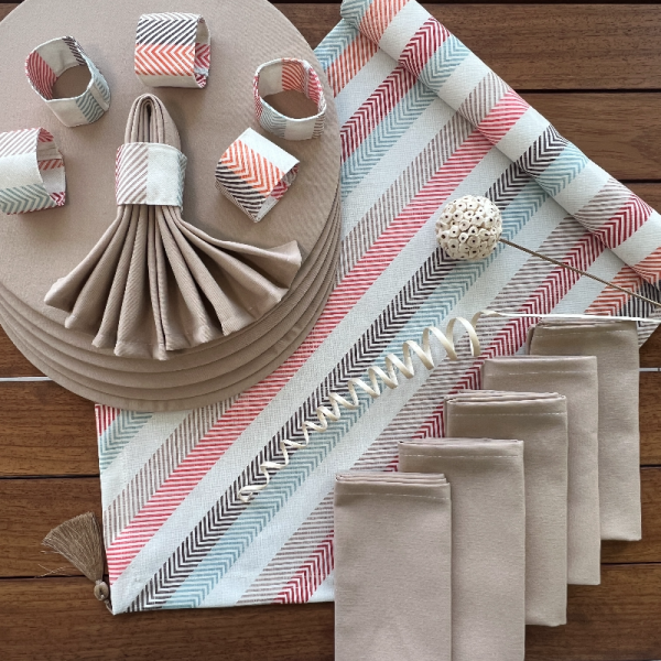 Amerikan Servis, 6'lı Pastel Desen Runner,açık Kahve Renk Supla, Peçete, Peçete Halkası Tk-4