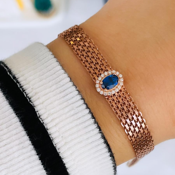 925 Ayar Gümüş Rose Renk Safir Taşlı Hasır Örme Bileklik
