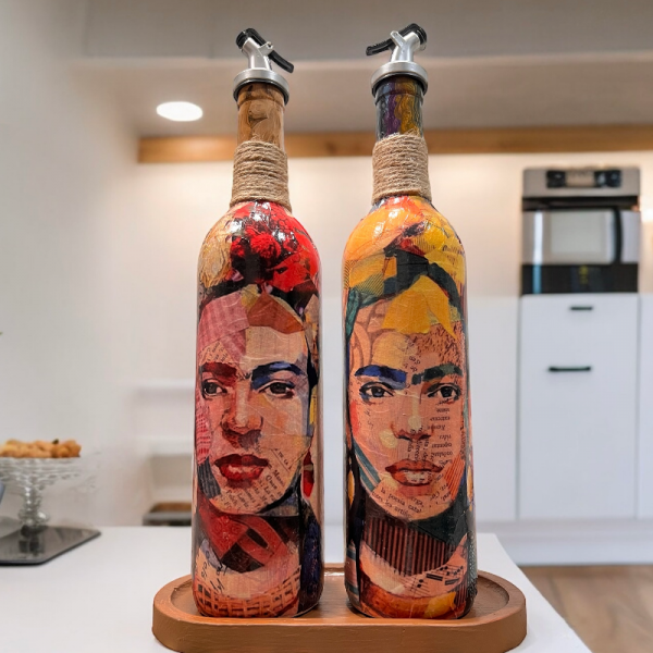 Frida Kahlo Desenli 750 Ml Zeytinyağı Sıvıyağ Şişesi Yağdanlık Yağlık Sirkelik Sosluk 2'li Set