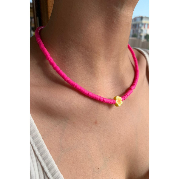 Renkli Kadın Fimo Kolye Çiçek Desenli Yeni Trend Fimo Boncuk Kolye