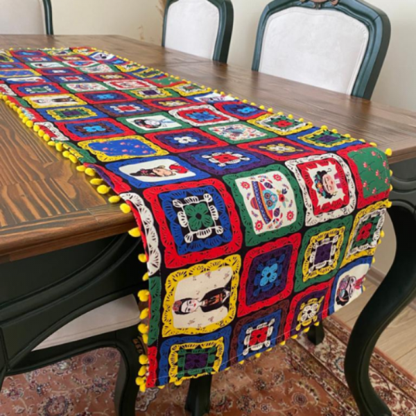 Frida Kahlo Desen Sarı Ponponlu Vintage Oya Motifli El Yapımı Runner 40 X 140 Runner Dertsiz Masa Örtüsü Dekoratif...