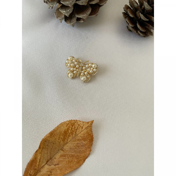 Kelebek Figürlü Incili Parlak Taşlı Broş Altın Renk 