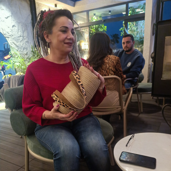 Hasır Leopar Saplı Silindir Çanta
