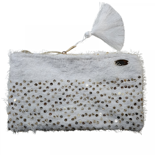 Golden Flakes - Beyaz Tüylü Ve Altın Payetli Clutch Çanta