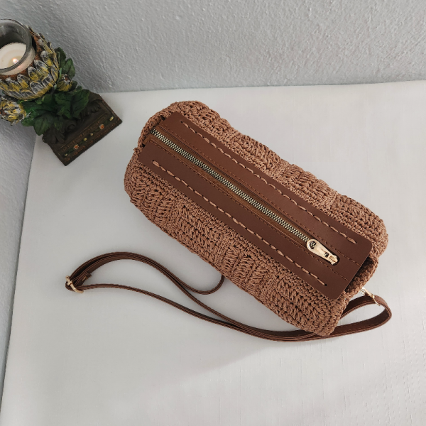 Bowling Bag, Hasır, Silindir, Kadın Omuz Çantası  Taba