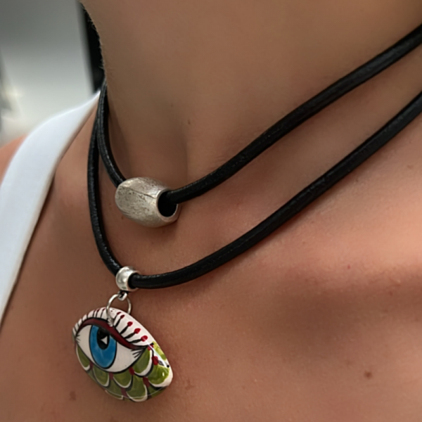 Kutcha Accessories Büyük Seramik Göz Ve Siyah Hakiki Deri İkili Kolye Seti