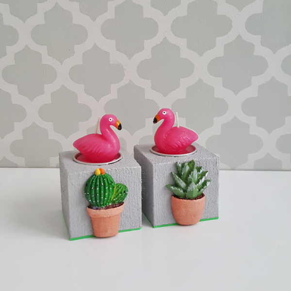 Kaktüs Dekorlu Beton Mumluk 2'li Set
