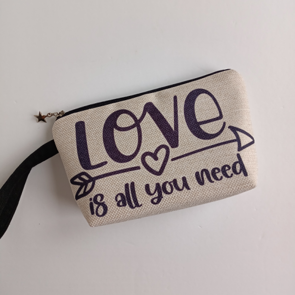 Baskı Keten Makyaj Çantası Aşk Love Siyah