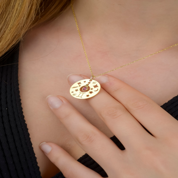 İkizler Burç Zirkon Taşlı Tasarım Birthstones Altın Kaplama Gümüş Kolye