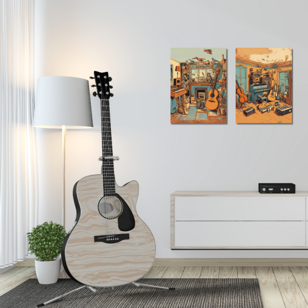 2'li Mdf Tablo Seti, Retro Müzik Aletleri Ve Hayvanlar, Vintage Poster, Duvar Dekorasyonu
