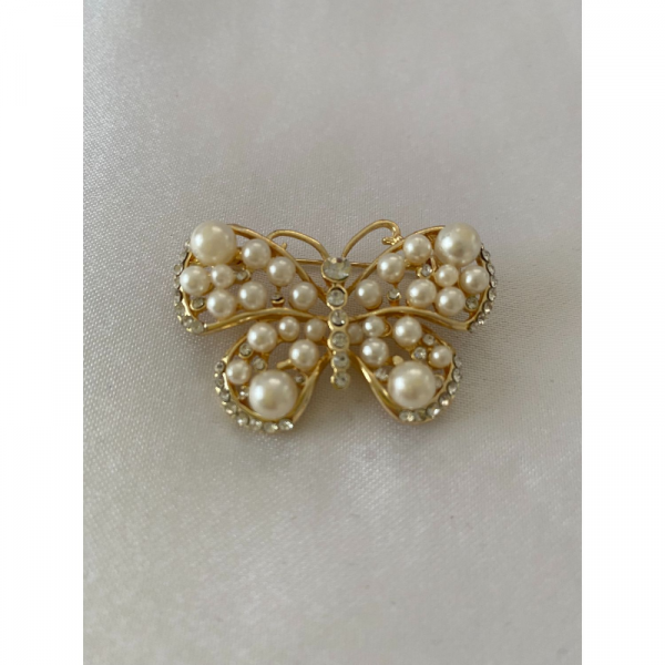 Kelebek Figürlü Incili Parlak Taşlı Broş Altın Renk 