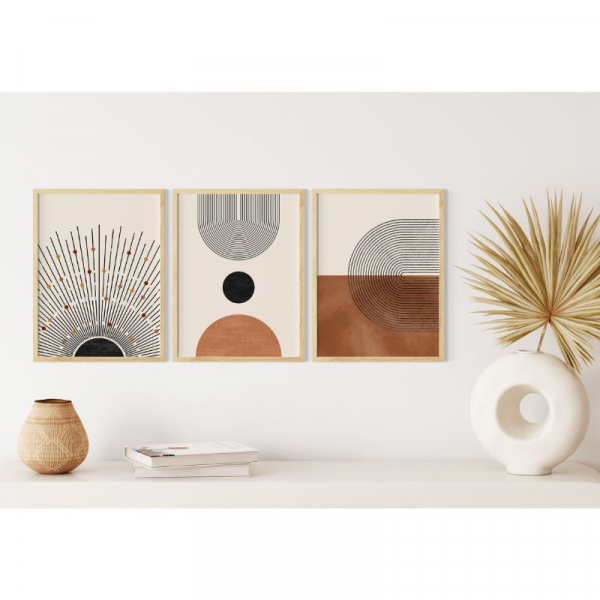 Mid Century Soyut Minimal Modern Ahşap Çerçeveli Tablo Taba-salon Oturma Yatak Odası Mutfak Ofis 3lü Set