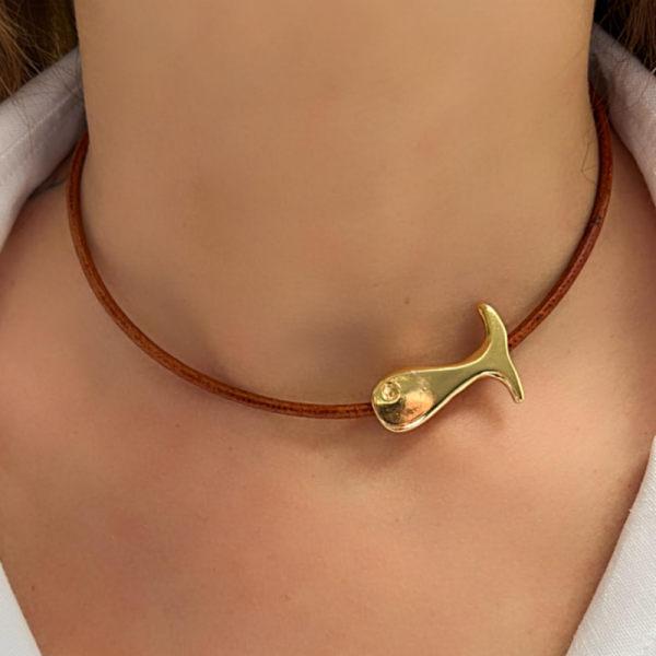 Altın Kaplama Balık  Hakiki Deri Choker Kolye