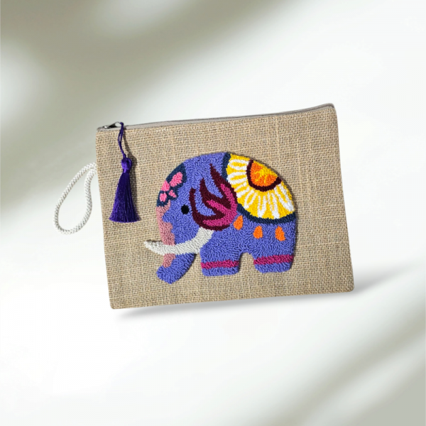 Fil Desenli Punch İşlemeli Jüt Kumaş Clutch 