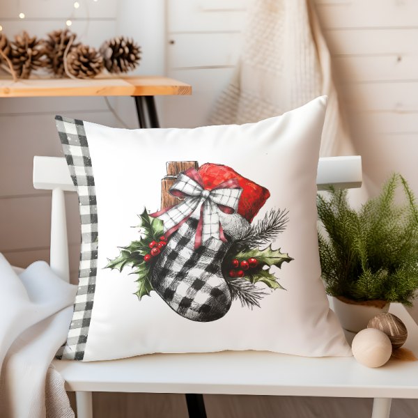 Yılbaşı, Christmas, Kış, Winter Serisi Siyah Beyaz Ekoseli Kırlent - Kırlent Kılıfı