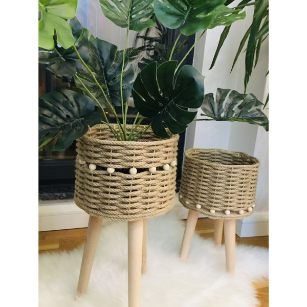 Boncuk Detaylı Hasır Saksı 2 li Set