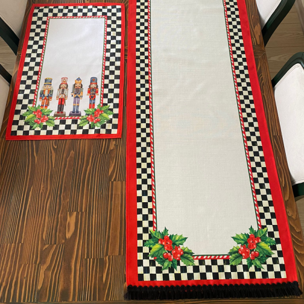 Mackenzie Model Damalı Kokina Yılbaşı Çiçeği Runner Ve Nutcracker Kurşun Asker Mutfak Havlusu