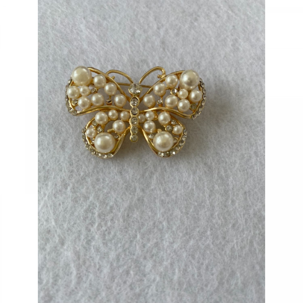 Kelebek Figürlü Incili Parlak Taşlı Broş Altın Renk 