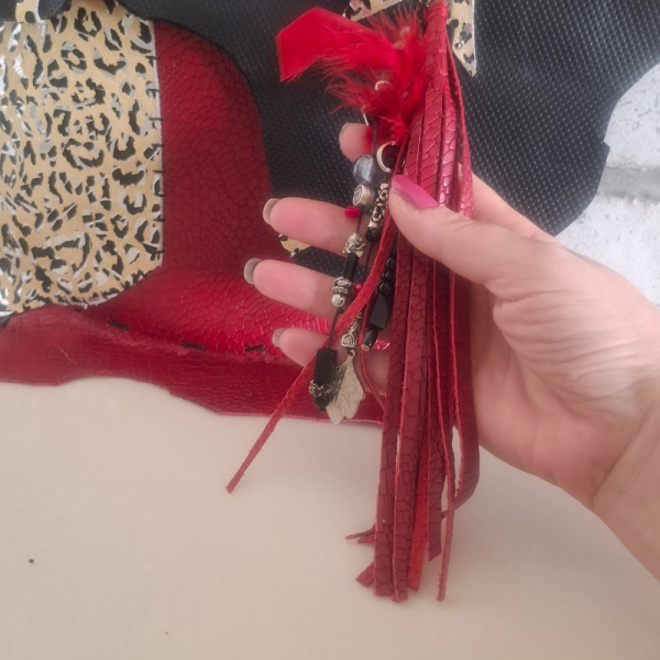 Kırmızı Siyah Ve Leopar Hakiki Deri El Yapımı Çanta