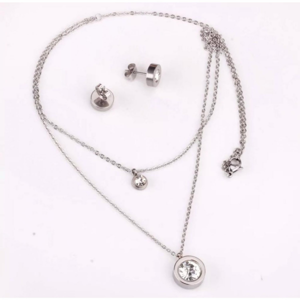 Silver Zirkon Taşlı Çelik Kolye ve Küpe