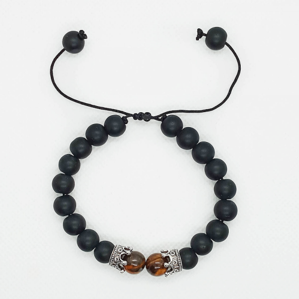 Kral Tacı Modelli Mat Oniks Kaplan Gözü Doğal Taşı Ayarlanabilir Bileklik - Gümüş Renk - Balance Jewelry