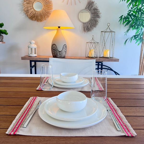 Linen Keten ,jüt Dokulu, Kırmızı Şeritli Bej Renk ,amerikan Servis,yılbaşı