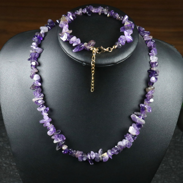 Kırık Ametist Doğal Taşı Kolye Bileklik Takımı- Altın Kaplama- Balance Jewelry