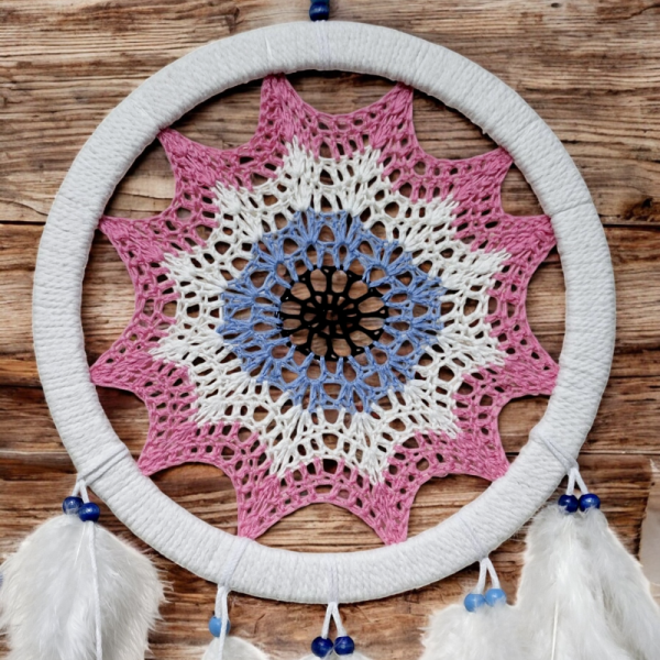 Pembe Nazar Motifli Kuş Tüylü Duvar Süsü