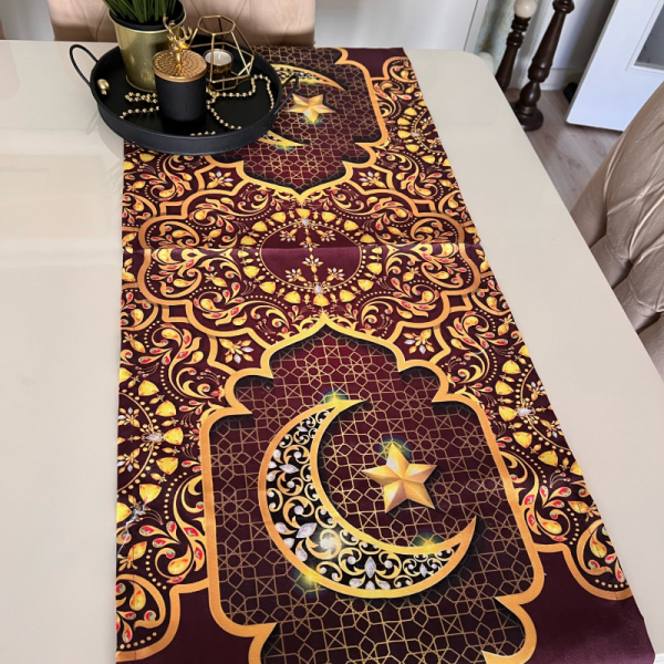 Bordo Gold Ramazan Temalı Runner 43x140 Cm Ranır Mubarek Eıd Sofra İftar Dikdörtgen 